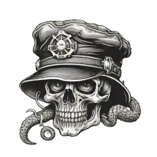 A skull wearing a mechanic's hat with snake eyes tattoo design idea
