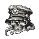 A skull wearing a mechanic's hat with snake eyes tattoo design idea