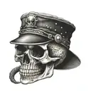 A skull wearing a mechanic's hat with snake eyes tattoo design idea