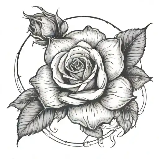 name written inside rose surrounded by saturns rings tattoo design idea