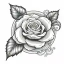 name written inside rose surrounded by saturns rings tattoo design idea