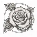 name written inside rose surrounded by saturns rings tattoo design idea