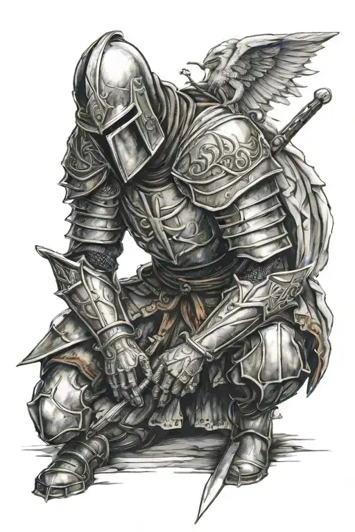 Kneeling Templar Knight holding a Sword tattoo design idea