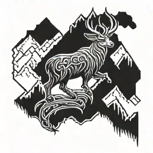 Steinbock with mountain peaks with viking runes as border  tattoo design idea