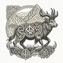 Steinbock with mountain peaks with viking runes as border  tattoo design idea