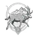 Steinbock with mountain peaks with viking runes as border  tattoo design idea