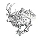 Steinbock with mountain peaks with viking runes as border  tattoo design idea