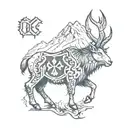 Steinbock with mountain peaks with viking runes as border  tattoo design idea