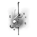 Musical notes intertwined with camera lenses tattoo design idea