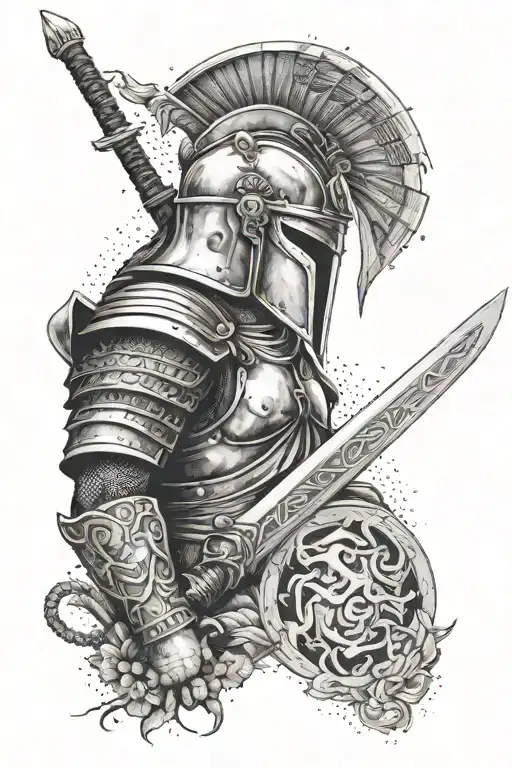 A tattoo combining elements of Greek and Japanese mythology, with a Spartan helmet and a samurai sword tattoo design idea