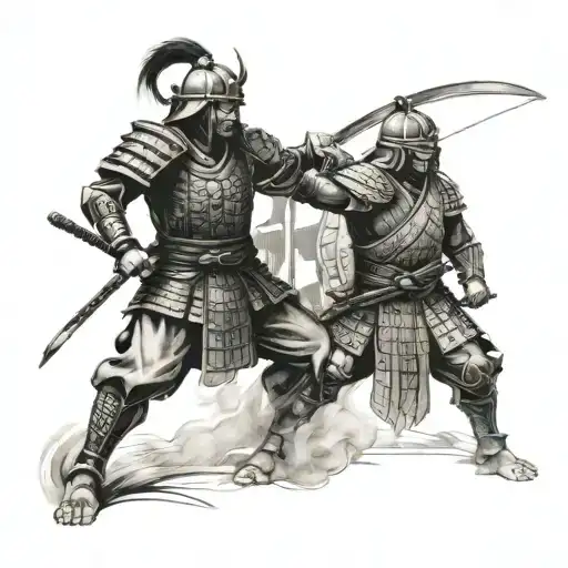A samurai warrior facing off against a Greek warrior in battle tattoo design idea