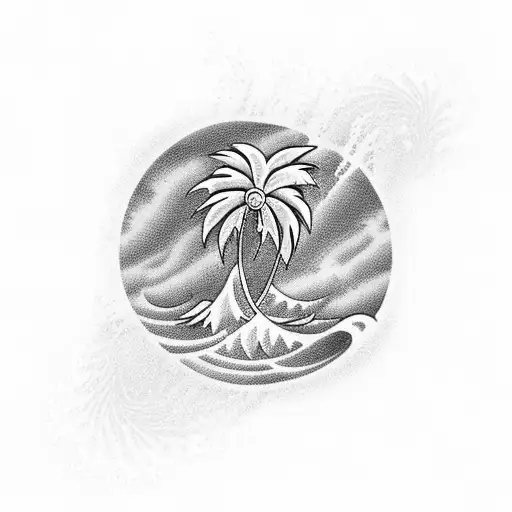 A palm tree silhouette with waves crashing on the shore tattoo design idea