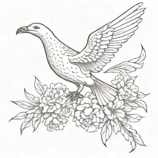 Seagull with lush wings with carnations tattoo design idea