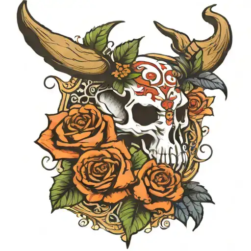 half sleeve long horn skull with alabama flowers tattoo design idea
