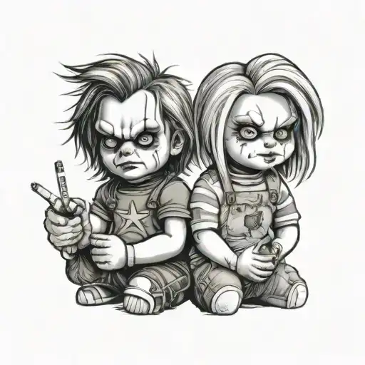 chucky & Tiffany smoking weed tattoo design idea