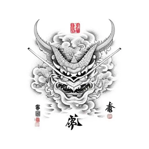 Katana, dragon, oni mask and cherry blossoms sleeve tattoo design idea