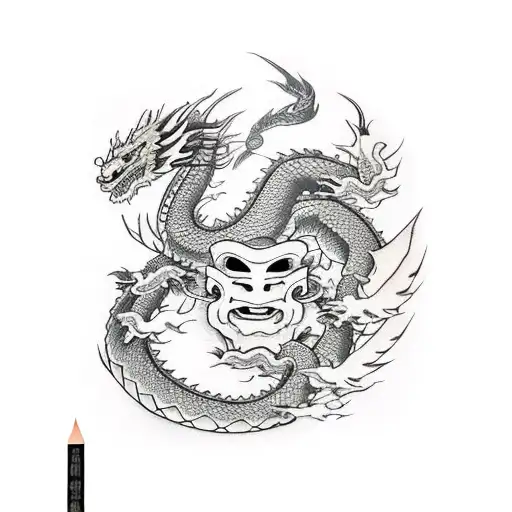 Dragon, spring blossom, katana, oni mask tattoo design idea
