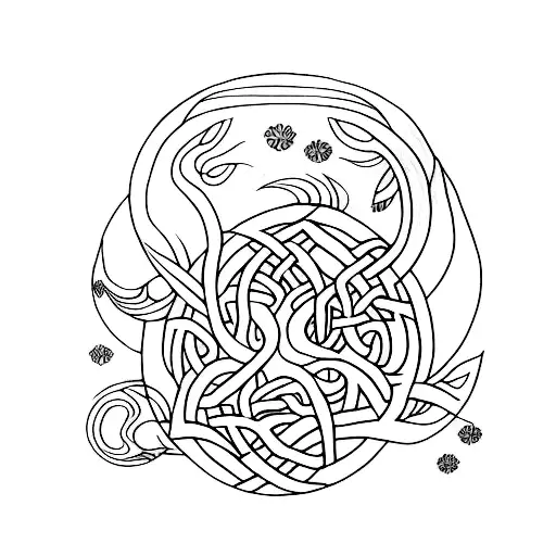 A sumi-e inspired tattoo of a magical forest with Celtic symbols hidden within tattoo design idea