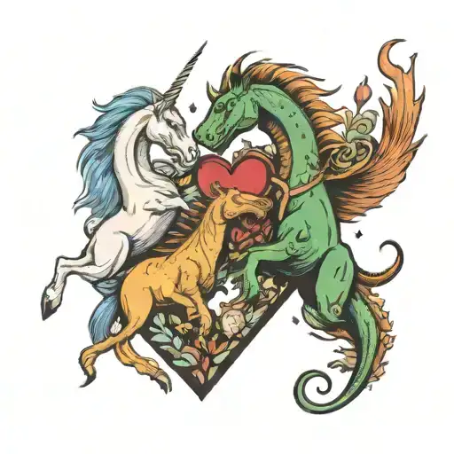 a unicorn and a tyrannosaurus rex together in the shape of a heart. tattoo design idea