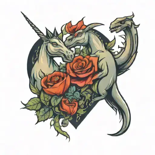 a unicorn and a tyrannosaurus rex together in the shape of a heart. tattoo design idea