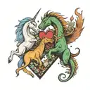 a unicorn and a tyrannosaurus rex together in the shape of a heart. tattoo design idea