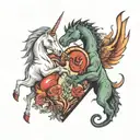 a unicorn and a tyrannosaurus rex together in the shape of a heart. tattoo design idea
