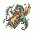 a unicorn and a tyrannosaurus rex together in the shape of a heart. tattoo design idea