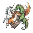 a unicorn and a tyrannosaurus rex together in the shape of a heart. tattoo design idea