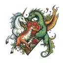 a unicorn and a tyrannosaurus rex together in the shape of a heart. tattoo design idea