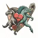 a unicorn and a tyrannosaurus rex together in the shape of a heart. tattoo design idea