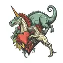 a unicorn and a tyrannosaurus rex together in the shape of a heart. tattoo design idea