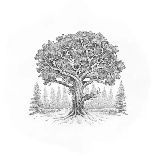 oak tree with crown floating on top  tattoo design idea