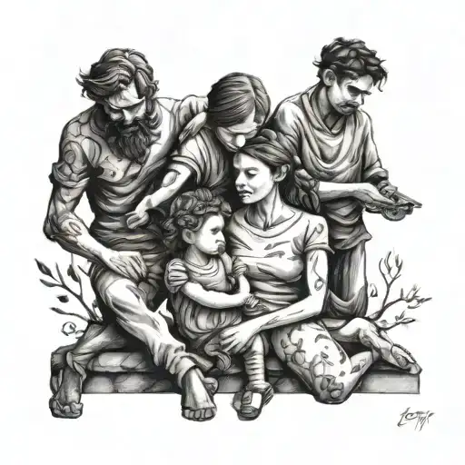 three people family sculpture tattoo design idea