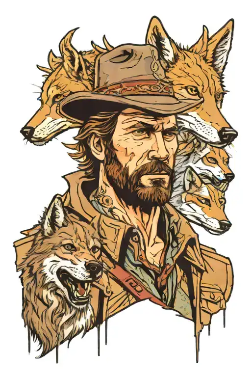 arthur morgan with a deer and a wolf  tattoo design idea