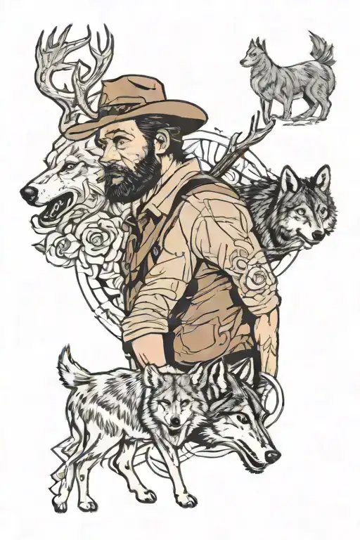 arthur morgan with a deer and a wolf surrounded tattoo design idea