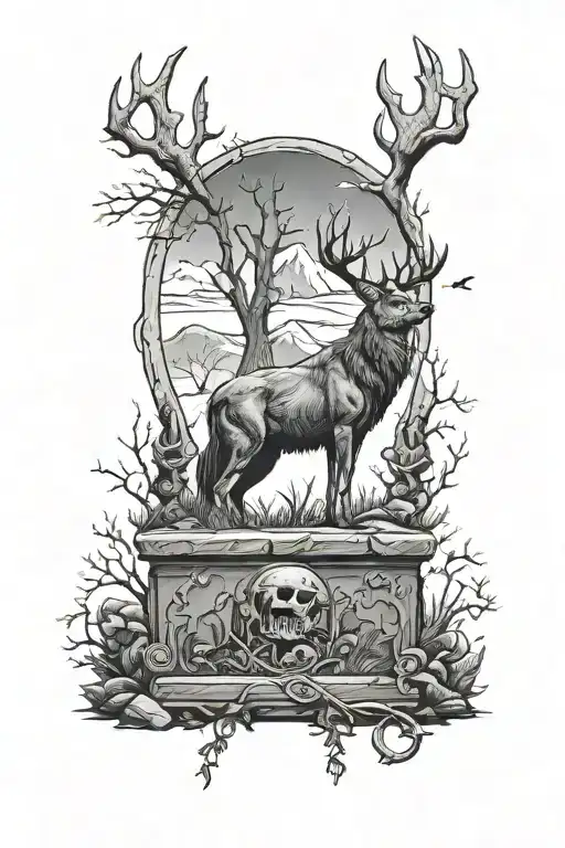 arthur morgan tombstone  with a deer and a wolf  tattoo design idea