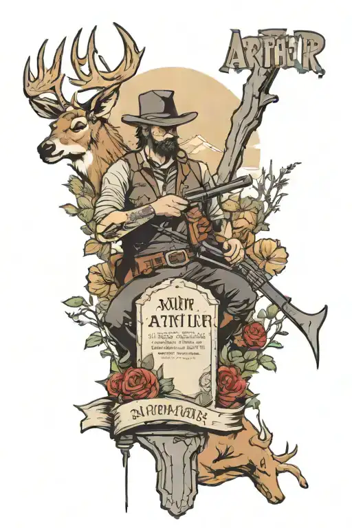 Arthur morgan tombstone with a deer and a wolvfe  tattoo design idea