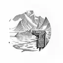 An intricately designed gun with a backdrop of Crater Lakes, Oregon tattoo design idea