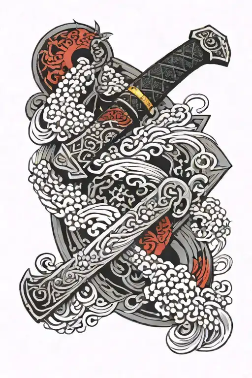 Black katana with red details on the blade axe inspired tattoo design idea