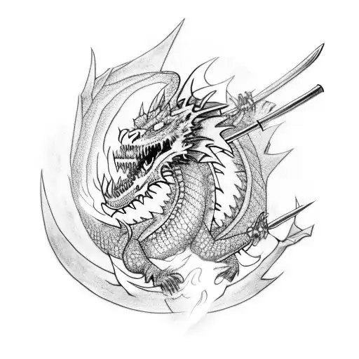 sleeve tatoo, dragon breathing fire towards a skeleton knight, holding a sword that is splitting the fire around him. tattoo design idea