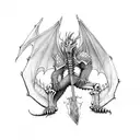 dragon breathing fire towards a skeleton knight. the knight is holding the sword and blocking the fire.  tattoo design idea