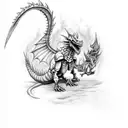 dragon breathing fire towards a skeleton knight. the knight is holding the sword and blocking the fire.  tattoo design idea