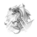 dragon breathing fire towards a skeleton knight. the knight is holding the sword and blocking the fire.  tattoo design idea