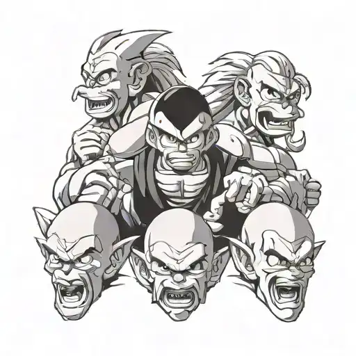 see no Evil, hear no evil, speak no evil stencil but with the Dragon ball Z Characters, Kid Buu, Perfect C tattoo design idea