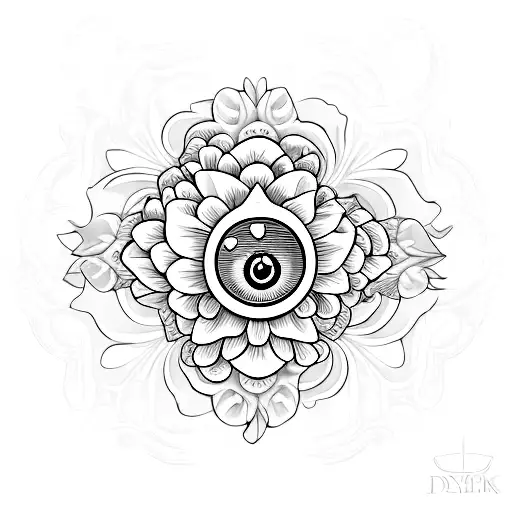 jasmine flower, heart, evil eye together tattoo design idea