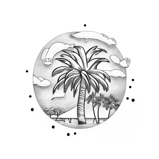 flamingo, palm trees, beach, flowers tattoo design idea