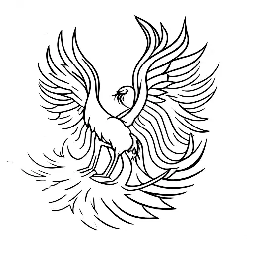 A minimalist tattoo of a phoenix rising from a bed of colorful flowers tattoo design idea