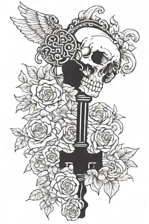 skeleton key with the name Sophia on the left and Maizie on the right tattoo design idea