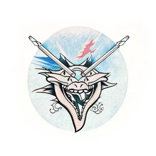Dragon crushing arrows made of drumsticks in its mouth tattoo design idea