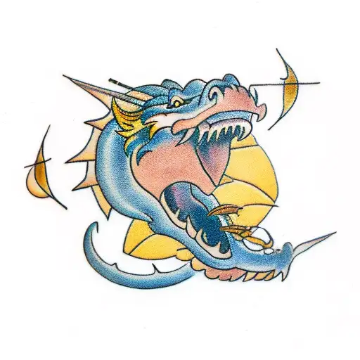 dragon, arrows in mouth tattoo design idea